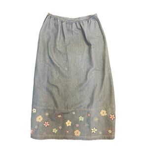Koret City Blues Vintage Denim Skirt Size Medium, Long with Embroidered Flowers